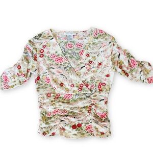 Vintage Nine West Ruched Wrap Top Medium Y2K Floral Romantic Cottage Coquette